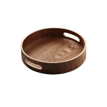 

Tea Serving Storage Tray Bar Breakfast Restaurant With Handles Cafe Cups Mugs Desserts Round Dinner Food Fruit Wooden