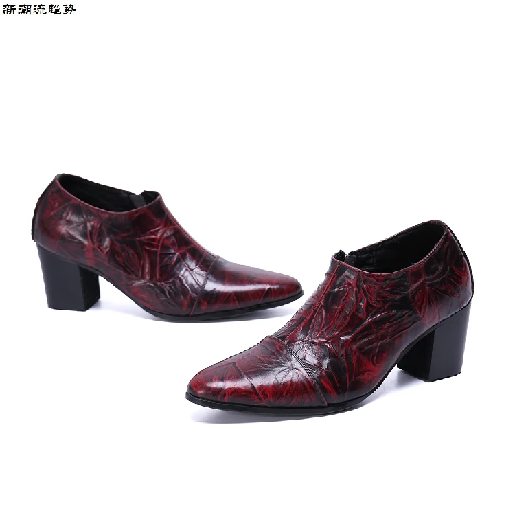 Мужские туфли-оксфорды из натуральной кожи на высоком каблуке для свадебной вечеринки; Цвет Красный; Мужские модельные туфли на молнии; офисная обувь; zapatos hombre; острый носок; официальная обувь; zapatos