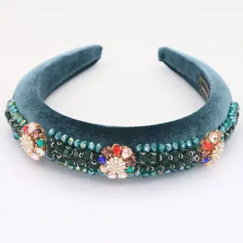 

Baroque Jewelry Headband Rainbow Rhinestone Floral Padded Velvet Bandana Crown