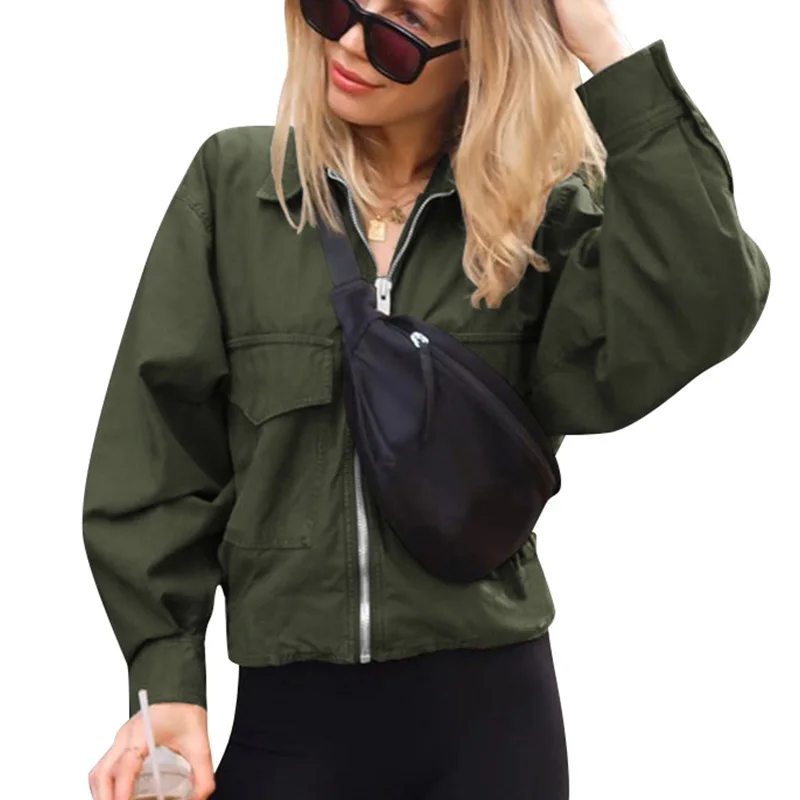 

Women Fashion Jacket Zipper Bomber Jacket Female Basic Short Coat Autumn Spring Pocket Jacket Casual Turn-down Collar Coat D30