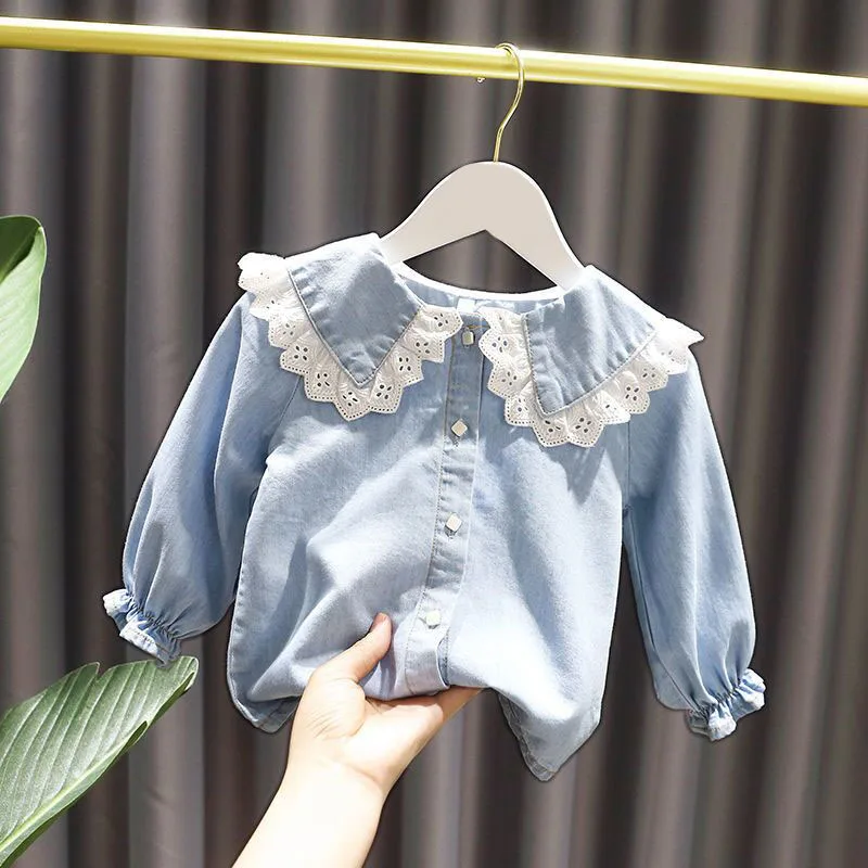 Girls Blouse Denim Lace Princess Infant Baby Tops Children Clothes Spring Autumn Kids Shirt