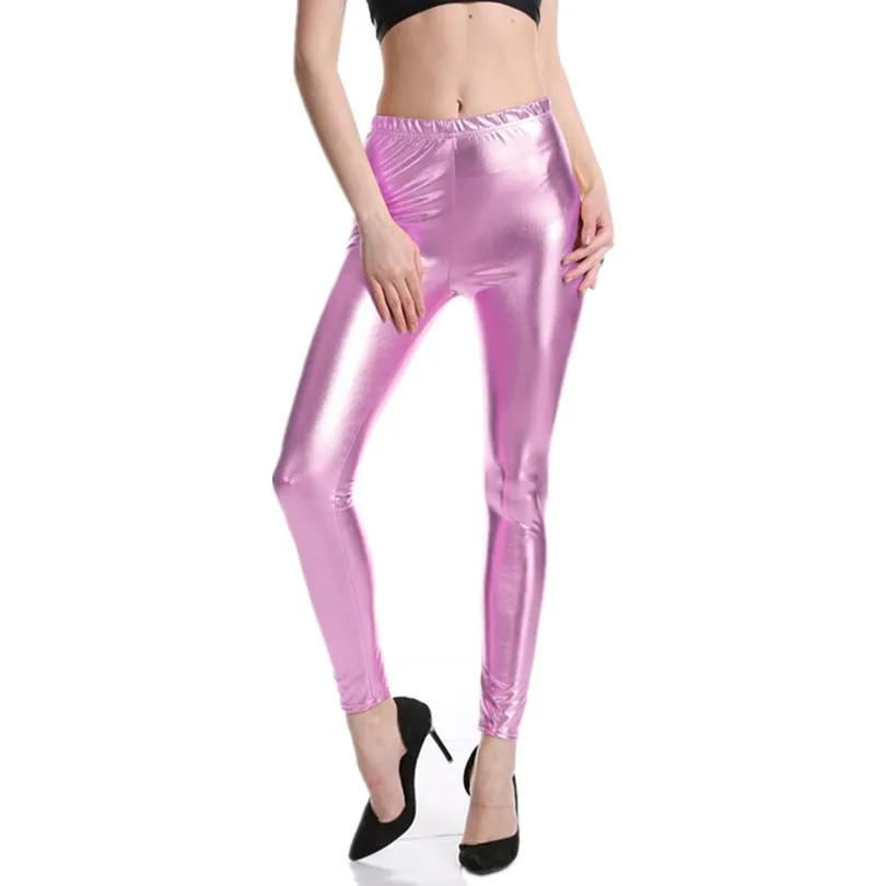 INDJXND стиль панк рок из искусственной кожи Леггинсы из искусственной кожи женские брюки фиолетовый металлик золотые блестящие сексуальные блестящие леггинсы для фитнеса - Цвет: K030 Pure Pink
