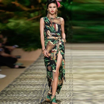 

Bohemia Print Bow Slim Temperament Party Sexy Bifurcation High Quality Mid-Length Dress 2020 Spring Summer Women'S Wear New
