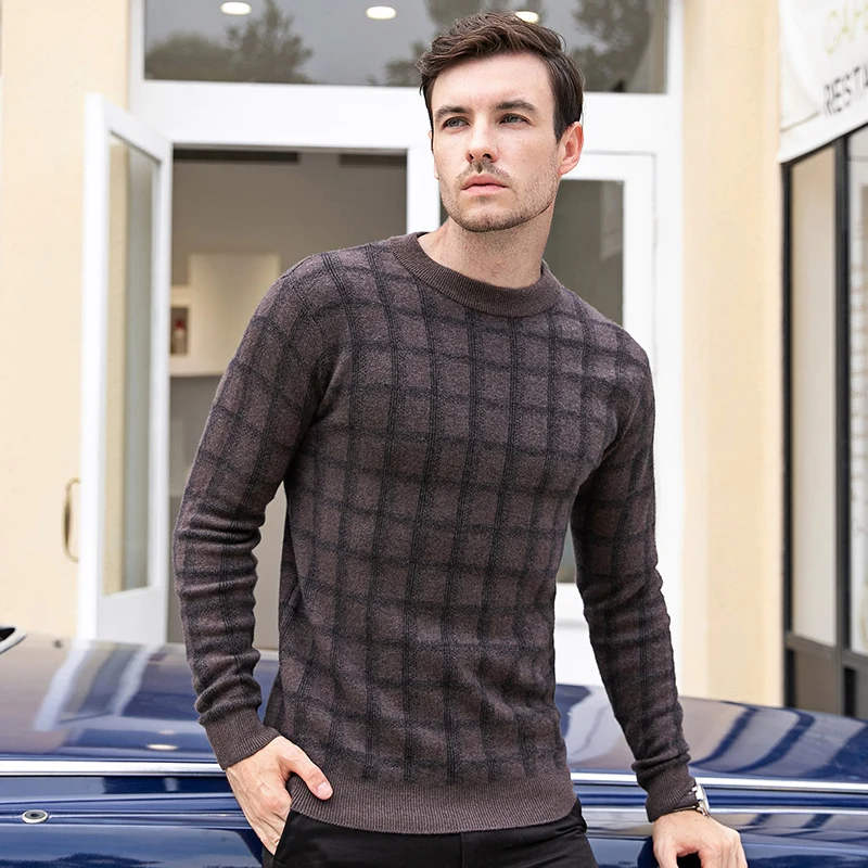 2019 New Mens 100% wool Sweaters Autumn plaid Pullover long Sleeve O ...