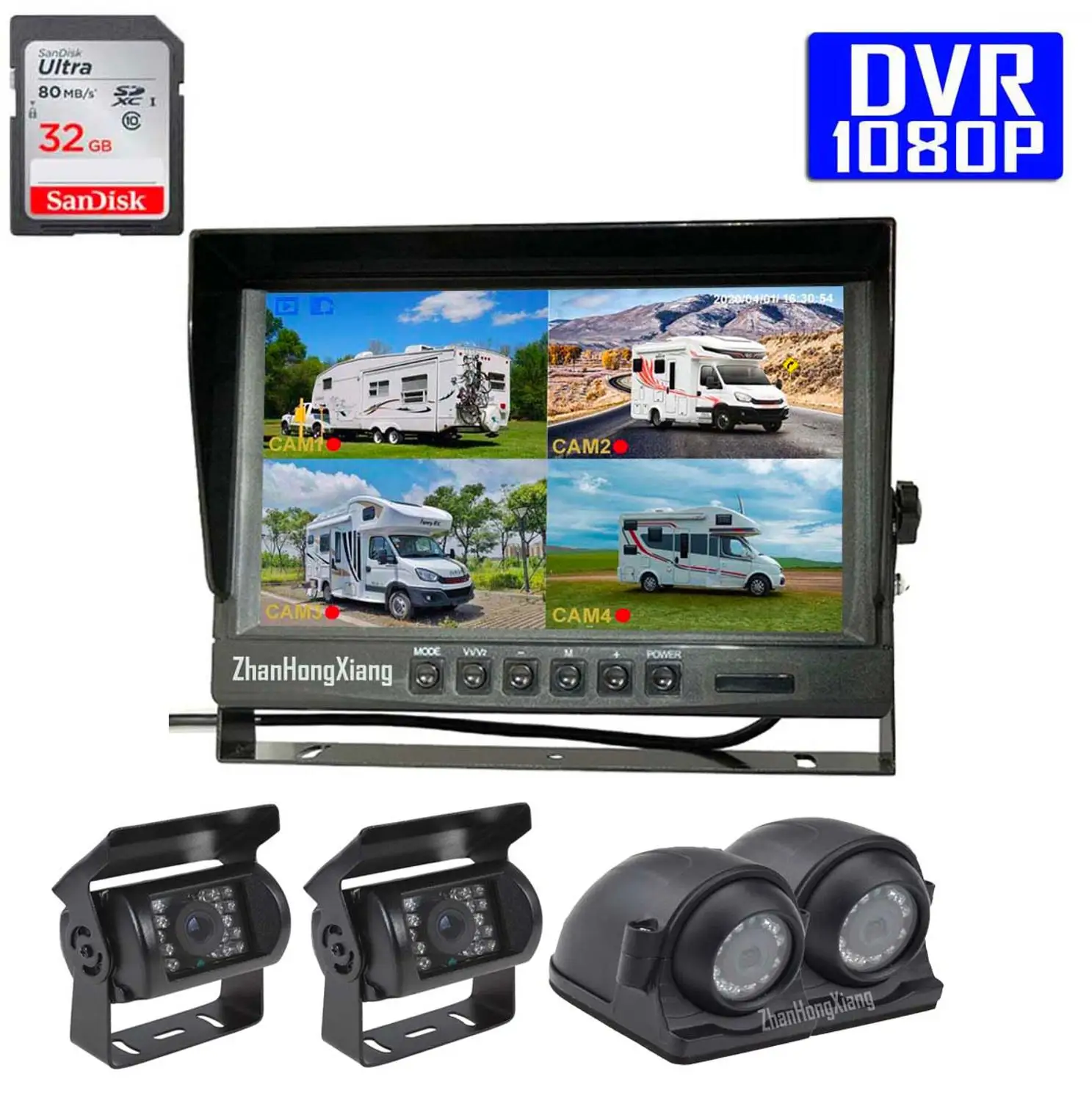 9 DVR Quad Monitor 4x 4CH Realtime Backup Dash Cam Side Recording Camera  Truck