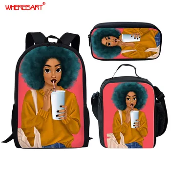 

WHEREISART African Beauty Girl School Bag for College Girls Black Women Cartoon Print Student's Book Bags 3Pcs/Set Kids Backpack