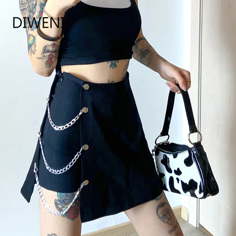 

2020 Autumn New Arrival Street Casual Trend Chain Design Woman Skirts England Style Vintage Solid Color Irregular Splicing Skirt