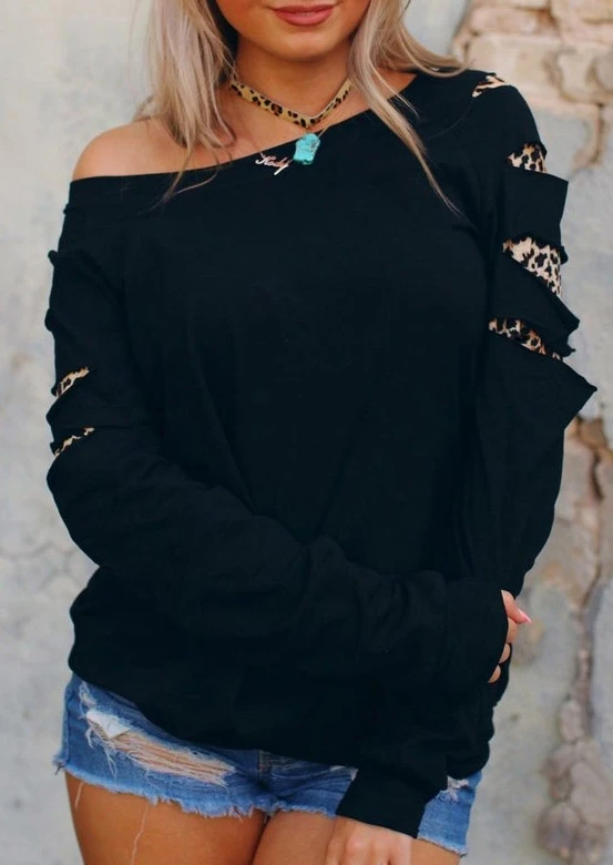Tops com Capuz-coreano de Mangas Mulheres Leopard Impresso Ombro Camisola Harajuku Fêmea Preto Pollver Compridas Hoodies um