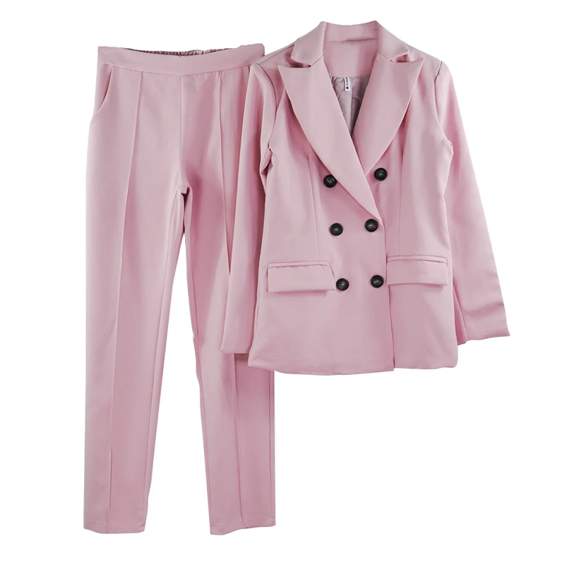 Женский брючный костюм MVGIRLRU, блейзер на пуговицах с отложным воротником и брюки со стрелками, жакет и штаны, комплект для офисной леди - Цвет: Розовый