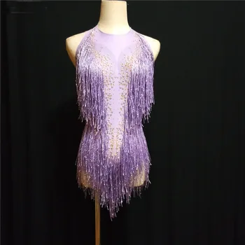 

Sparkly purple Tassel Bodysuit Rhinestones Outfit Glisten Beads Costume One-piece Dance Wear Singer Stage Leotard Headdress