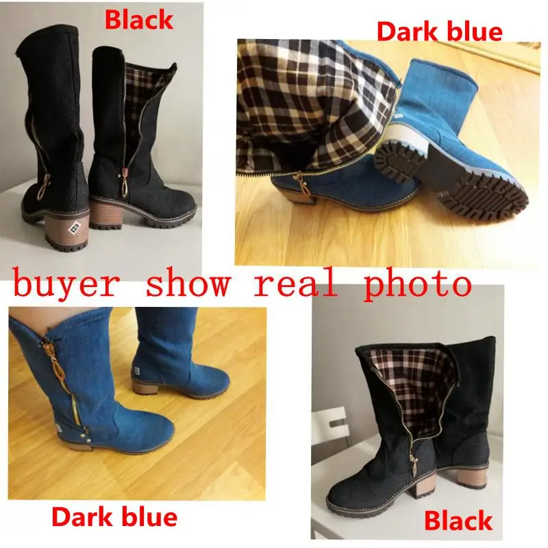 Ботинки; женская обувь на толстом высоком каблуке; сезон весна-лето; ботинки до середины икры на молнии; джинсовые ботинки в ковбойском стиле; botas mujer