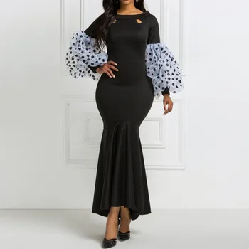 

Black Elegant Prom Dress Women Mermaid Long Ruffles Sleeves Floor Length Evening Party Formal Gowns Prom Dresses