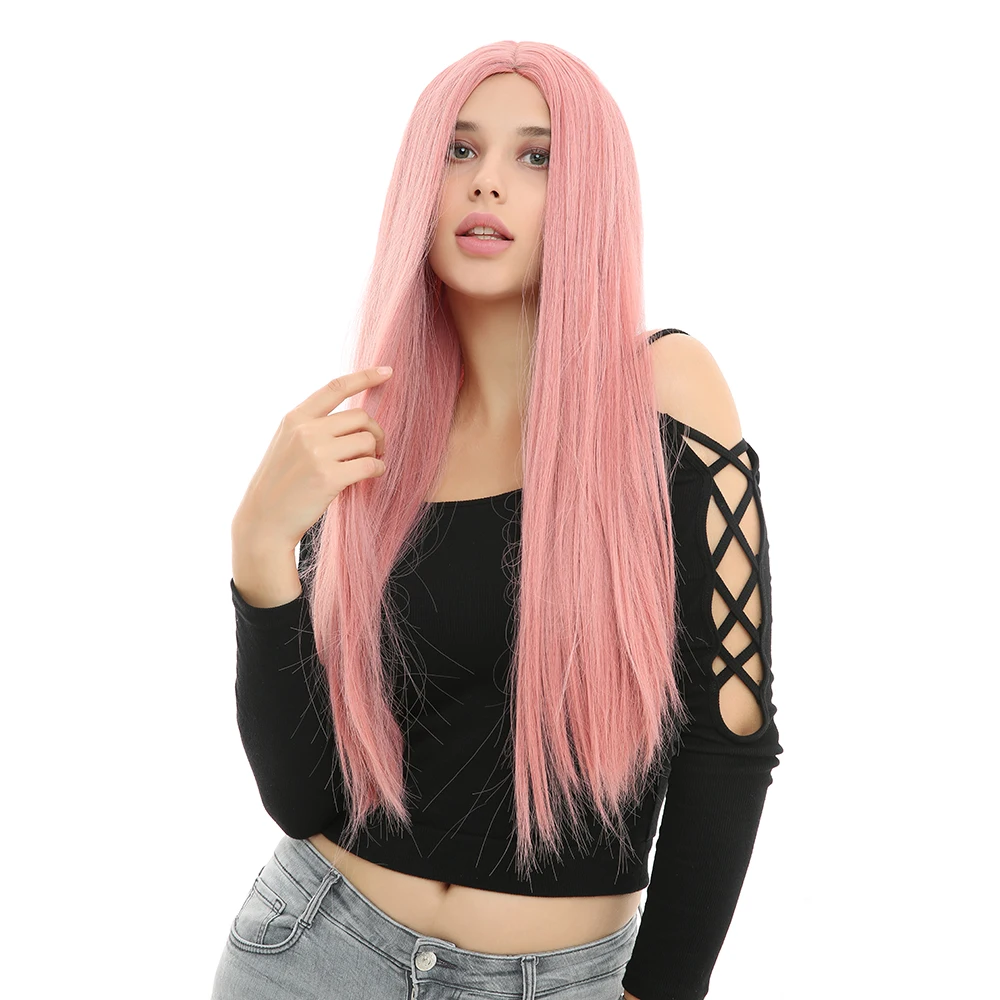 WHIMSICAL W 26 inch Long Straight Pink Color Wigs Natural Middle Part Heat Resistant Hair Synthetic Wig for Women