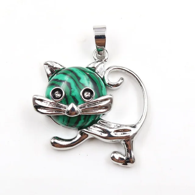Malachite Подвеска в виде Милого Животного кота, натуральный камень, кристалл, круглая розовая бусина, розовый Quartzs, исцеляющее ювелирное изделие для женщин, ожерелья для девочек - Окраска металла: Malachite
