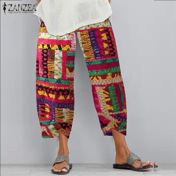 

Plus Size 2020 ZANZEA Women's Summer Trousers Vintage Harem Pants Casual Elastic High Waist Long Pantalon Printed Turnip Palazzo