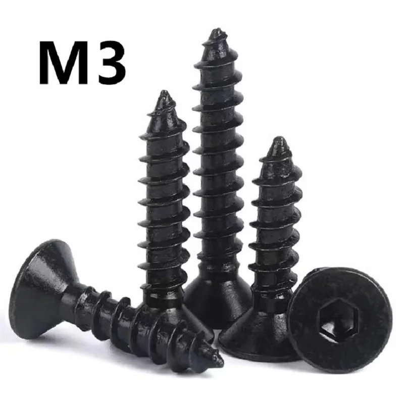 50 개/몫 m3 x 6/8/10/12/16/20mm 카운터 싱크 헤드 육각 셀프 태핑 나사 플랫 헤드 나사 블랙 8.8 고강도