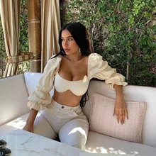 

Women New Harajuku Autumn Sexy Exposed Naval Wrap Bra Short Tops Elegant Square Collar Lantern Long Sleeve Retro Solid T-shirts