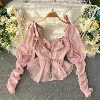 

Ins Fashion Vintage Gothic Blouse Shirt New Bow Chiffon Shirt Design Shining Pink Long Puff Sleeve Ruffle Blouse Ladies Tops
