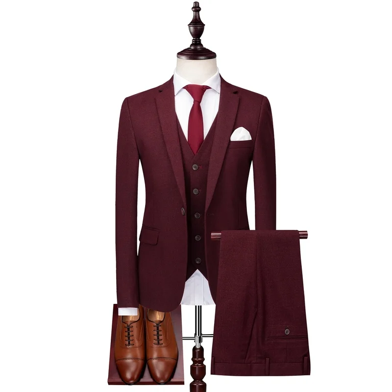 

Formal Smoking 3 Pieces Wine Red Slim Fit Suit Business Suit Casual Classic Wedding Clothing Mens Suits Set (Jacket+Pants+Vest)