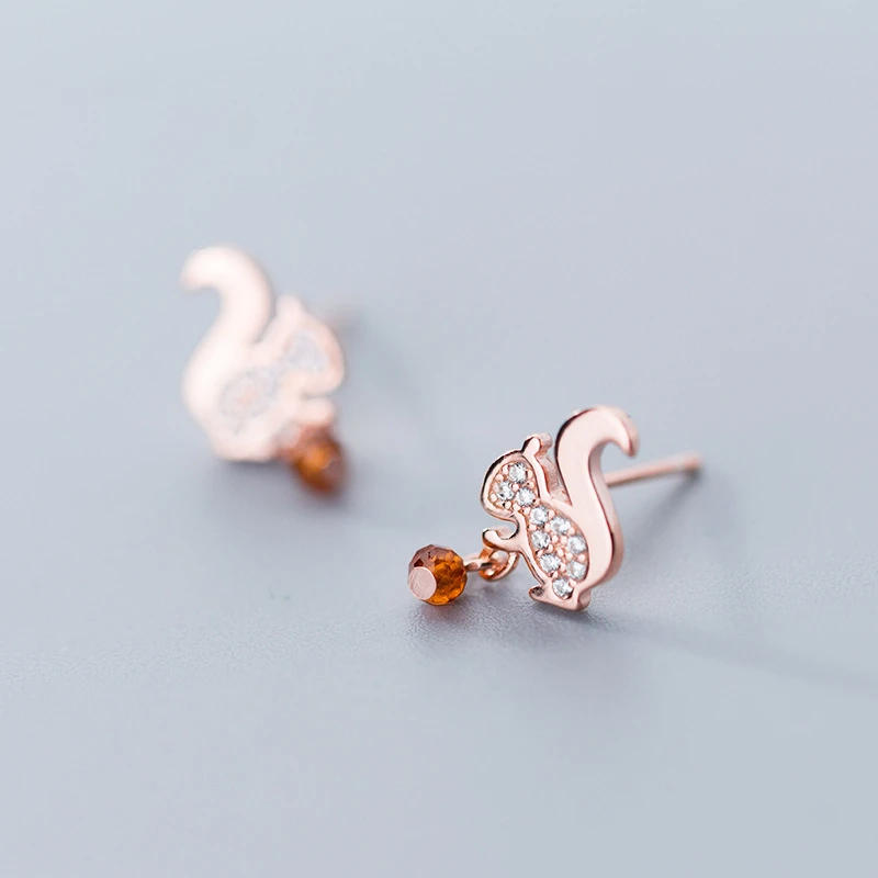 925 пробы, серебро/розовое золото, милые животные, элемент, белка, сосновый орех, серьги для пирсинга, очаровательные, модные ювелирные изделия для женщин