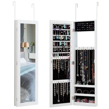 

High Quality Wall Door Premium MDF Mounted Full Size Mirrored Jewelry Cabinet Storage Organizer Velvet Liner Box HW58533