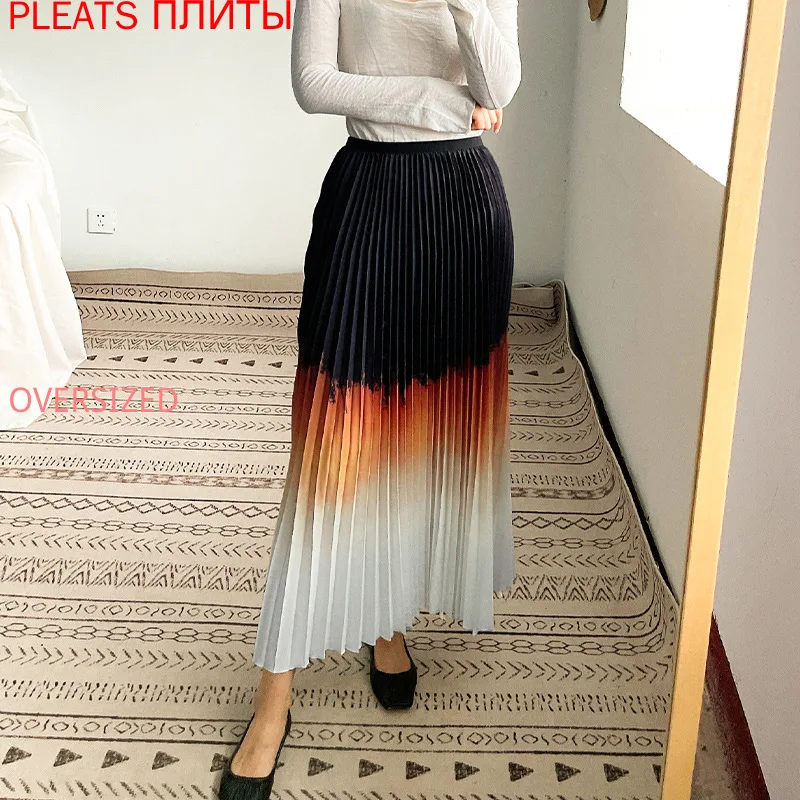 

Miyake Gradient Pleated Skirt Female High Waist Slimming Fashion Design Niche Long Pleated Skirt Female PLEATS Faldas
