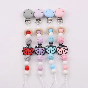 

Cartoon Insect Baby Pacifier Chain Wooden Clip Geometric Crochet Beads Bag Silicone Animal Pendant Baby Teether Dummy Clips bebé