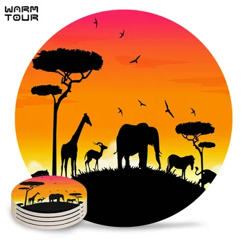 

4/6/8 PCS Elephant Giraffe Sun Twilight Placemat Ceramic Drink Coasters Table Decoration Absorbent Moisture