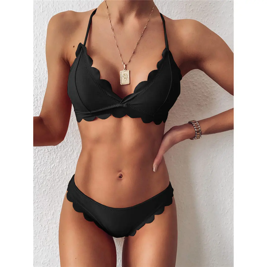 2020 Scalloped Mid Waist Bikini Female Swimsuit Women Swimwear Two-pieces Bikini set Halter Bather Bathing Suit Swim Lady V2446