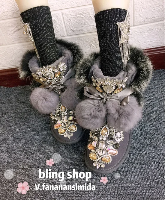 Original homemade European station heavy work sequins rhinestone beaded leather hair one leather thick snow boots