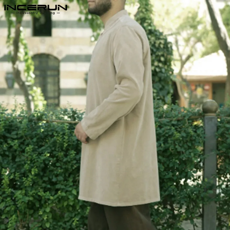 INCERUN Vintage Corduroy Shirt Men Stand Collar Solid Button Casual Islamic Muslim Clothing Long Sleeve Retro Men Long Tops