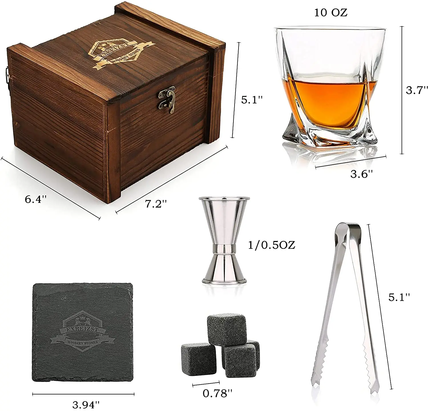 Whisky Stones and Glasses Set Gift for Men, Pack of 2 Whiskey Glasses 10  oz, 8 Granite Chilling Rocks, 2 Slate Coasters, Cocktail Cards in Wooden