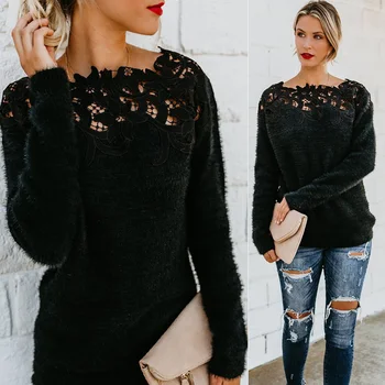 

Sexy Black Lace Women Hollow Sweatshirts Long Sleeve Pullover Tops Sweatshirt Ladies O Neck Jumper Hollow Out Knitwear