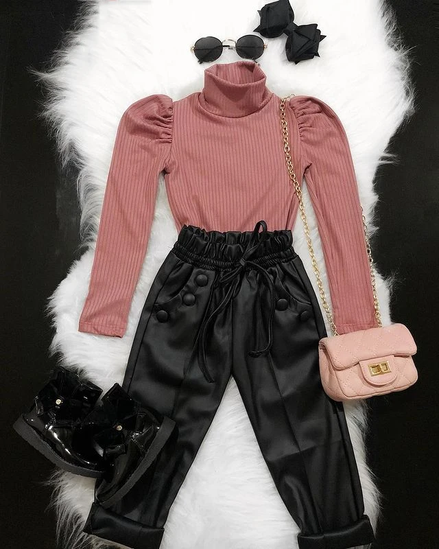 Children Girls Spring Autumn Clothes Sets Outfit 2pcs Solid Long Sleeve Pullover Tops PU Leather Pants Kid Clothing | Мать и ребенок