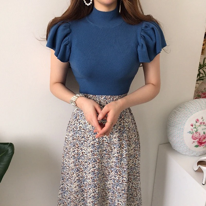 

ZOSOL Chic Stand Collar Slim-Fit Knitwear T-shirt + High Waist Floral Skirt Long Skirt Set 2 Piece Set Women