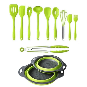 

10 Pcs Kitchenware Silicone Heat Resistant Kitchen Cooking Cooking Tool Sets & 2 x Collapsible Colanders (Strainers)