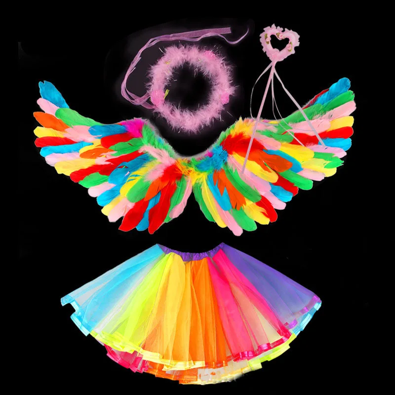 Костюм ангела, повязка на голову, крылья, палочка, Halo, юбка-пачка, комплект, перо, угол, платье феи для девочек, наряд на Хэллоуин, Рождество, navidad - Цвет: 4pcs set colors
