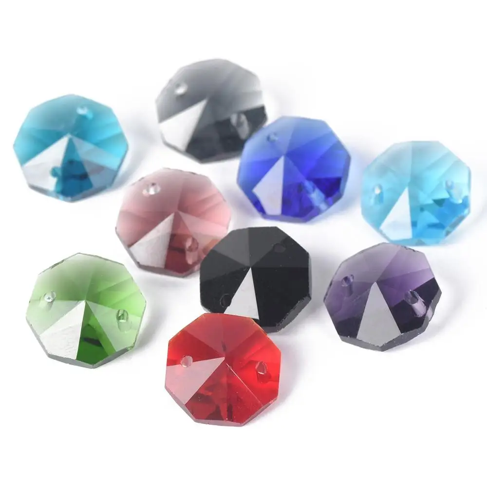 10pcs 14mm 2 Holes Octagon Prism Faceted Crystal Glass Loose Connector Pendant Beads for Jewelry Making DIY Crafts Curtain 5pcs transparent 27mm austrian element peach heart pendant sun catcher crystal chandelier decor faceted glass prism love beads