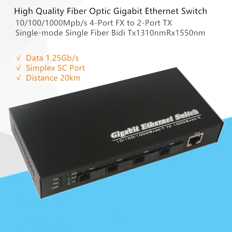 Медиа-конвертер Gigabit пара 10/100/1000 Мбит/с однорежимный одинарный волоконно с 4-портовый SC FX зарядное устройство с 3 usb-портами для UTP RJ45 TX G1000S-4FX-3TX