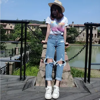 

2019 Fashion Women High Elastic Pencil Pants Female Streetwear Ripped Jeans Stretch Hole Ankle Trousers