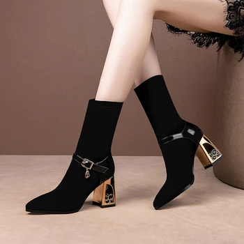 

Fretwork High Heel ladies Ankle Boots fashion Women wedding party Shoes Autumn Winter poined Toe women Boots Size 34-42