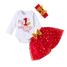 Emmababy – ensemble 3 pièces pour la saint valentin, tenue pour petite fille, jolie lettre, manches longues, barboteuse en gaze de cœur, jupe courte, bandeau, nouvelle collection 2022 