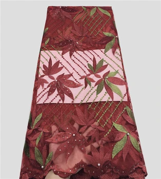

Wine Green African Lace Fabric 2019 French Lace Cord Lace Fabric Embroidered Nigerian Tulle Lace Fabric With Stones For Wedding