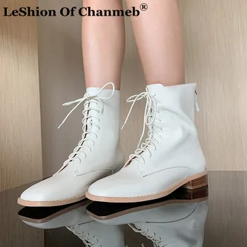 

Soft Natural Cow Leather Boots for Women Lace up Square Toe Military Boot White Autumn Winter Woman Large Size 43 Shoes Lady Zip