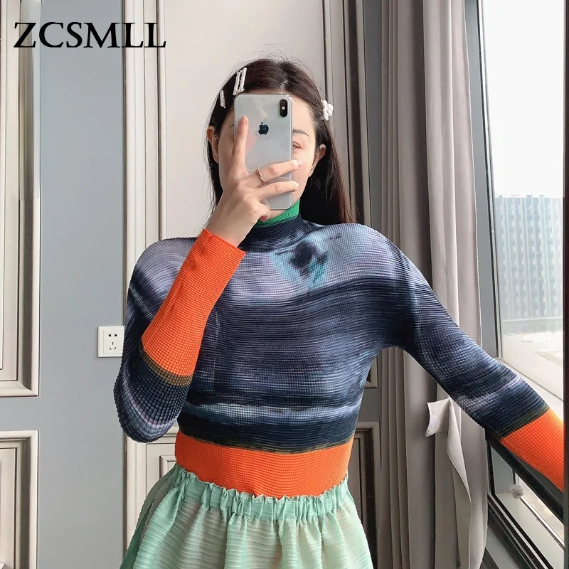 

ZCSMLL 2022 Autumn Folds Gorset Top Women's Seies Printed Hihg Neck Long Sleeve T-shirt Female Fashion TH033