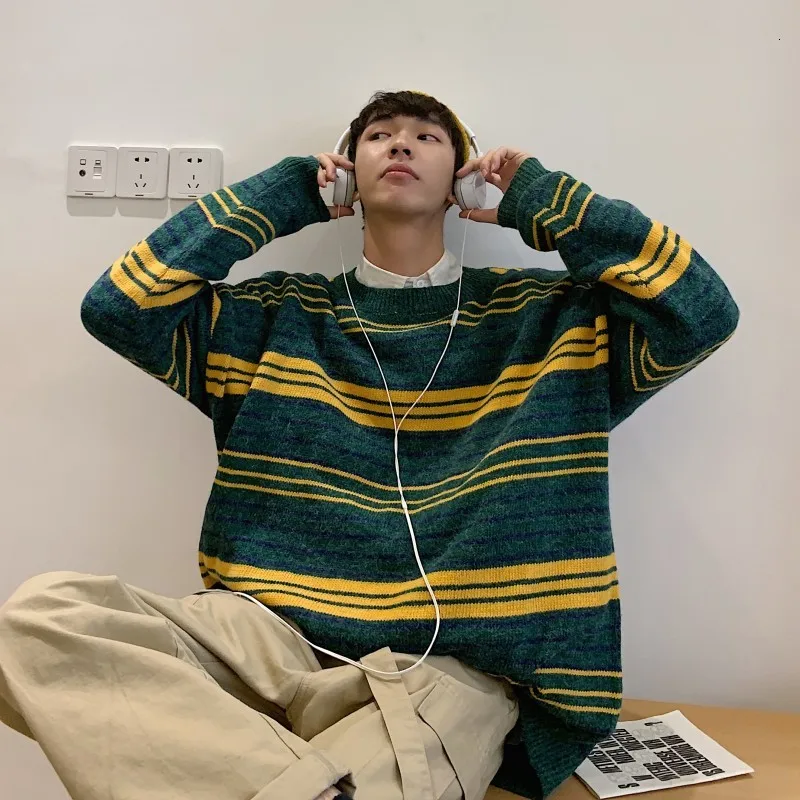 

Winter New Sweater Men Warm Contrast Color Casual O-neck Sweater Pullover Man Streetwear Loose Striped Sweter Men Clothes M-XL
