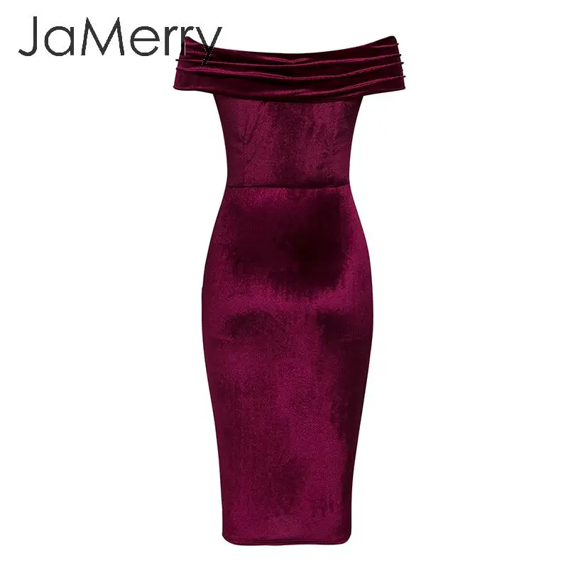 JaMerry винтажное сексуальное вечернее платье с открытыми плечами, мягкое бархатное осеннее платье в стиле пэчворк, элегантное женское облегающее однотонное облегающее платье