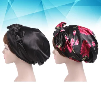 

2pcs Ribbon Bowknot Nightcap Satin Sleeping Cap Chemotherapy Cap Hats for Women Girls (Black Floral Printing + Black)