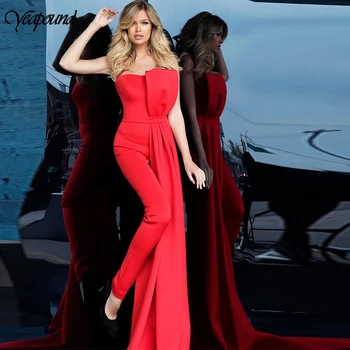 

Elegant Strapless Jumpsuit Vintage Sleeveless Romper Thigh Belt Party Occasion High Waist Jumpsuits