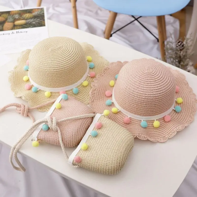 

Kids Girls Large Wide Brim Straw Woven Sun Protection Beach Hat Colorful Pompom Ball Summer Floppy Bucket Cap Portable Handbag
